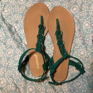 Teal/Aqua Sandals with Gold hoop detail